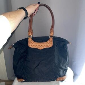 Rebecca Minkoff Studded Nylon Black Brown Leather Packable Foldable Tote Bag